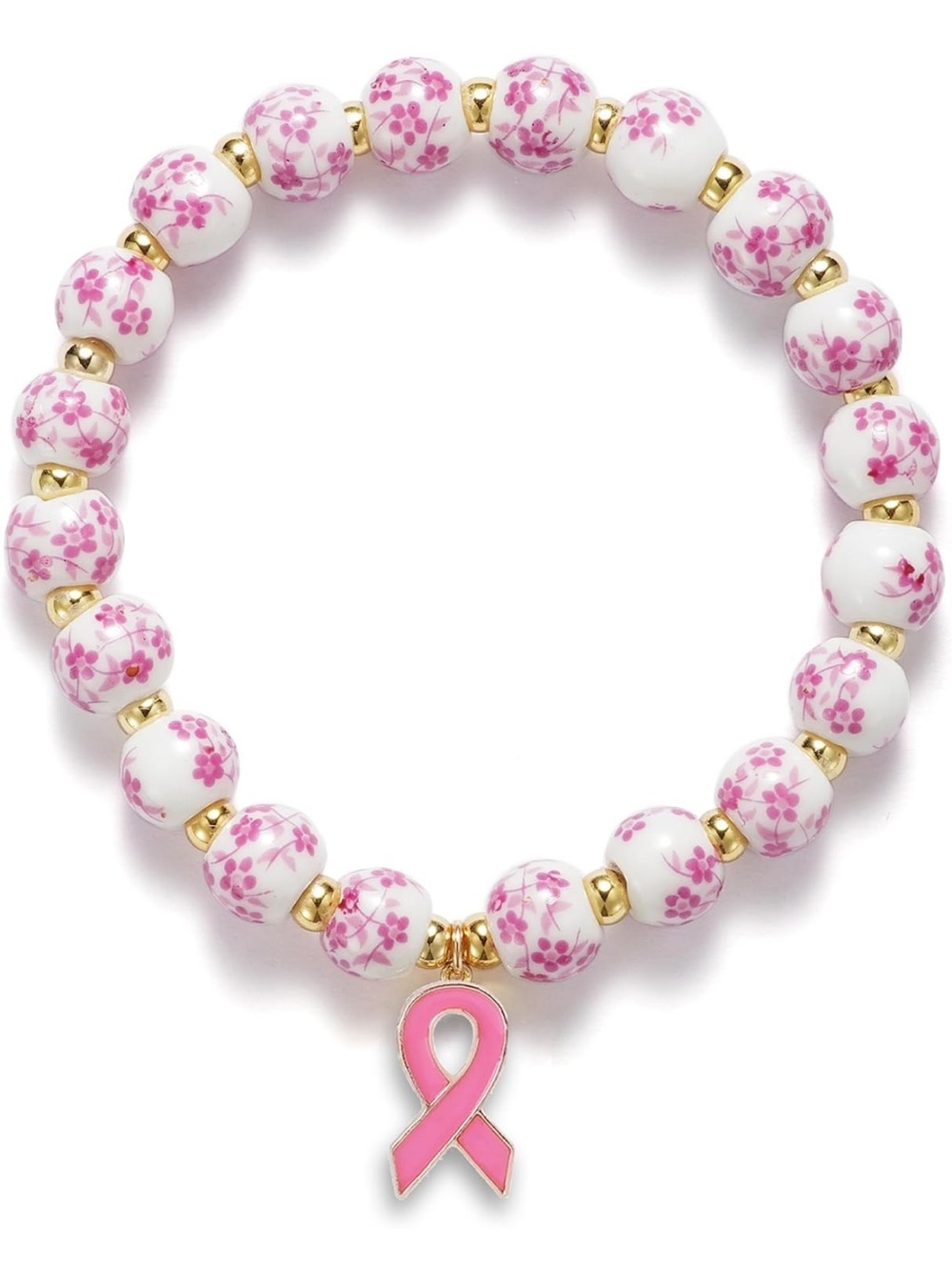 Anthropologie Pink Floral Bead Bracelet with Pink Ribbon Charm